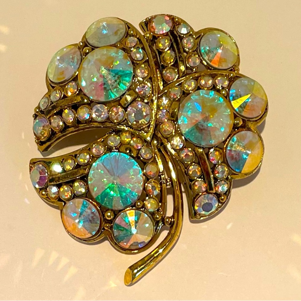 Rhinestone brooch - gold tone iridescent stones